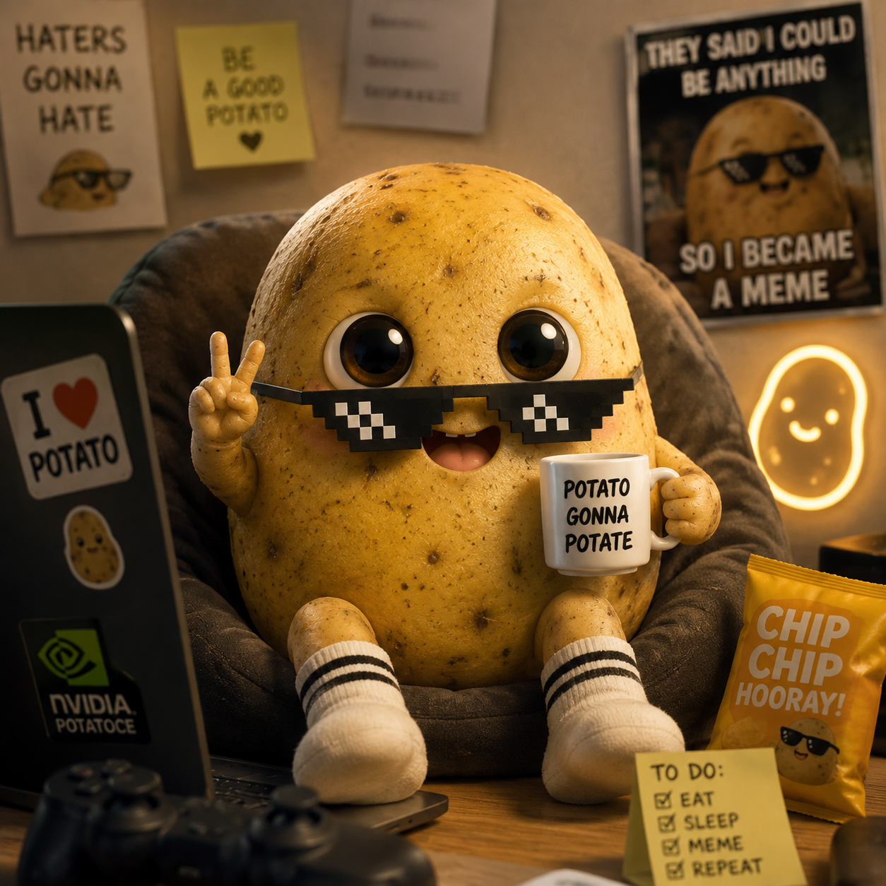 TATO, a cheerful potato wearing pixel sunglasses